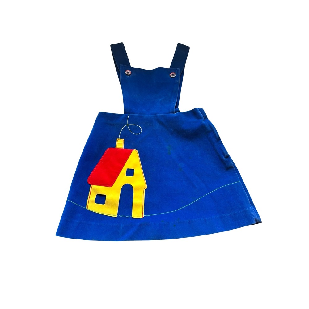 Vintage Blue Velvet House Applique Kids Jumper Pinafore‎ Dress Blue Toddler